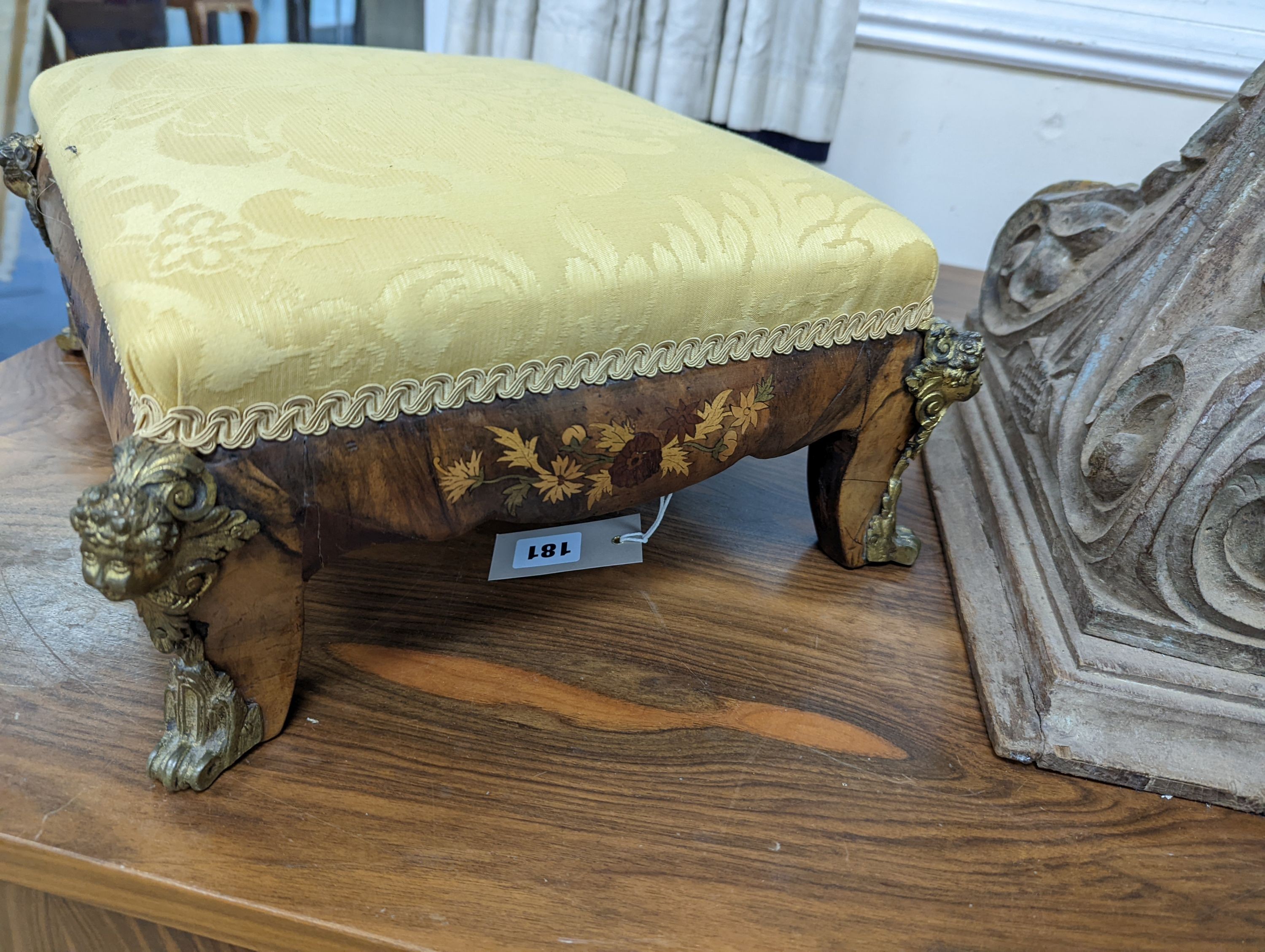 A 19th century gilt metal mounted marquetry inlaid rectangular walnut footstool, width 38cm, depth 35cm, height 17cm